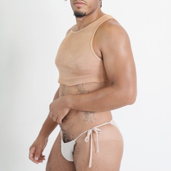 Nude Set Vintage Wash Raw Cut Top  With Tie Side Bikini - Picture 1 of 3